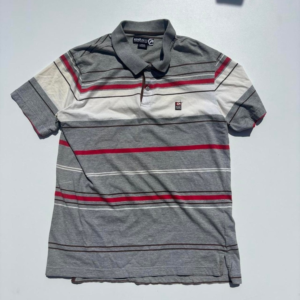 Y2K Ecko Unltd. Gray, Red, and White Horizontal Striped Polo Shirt - L